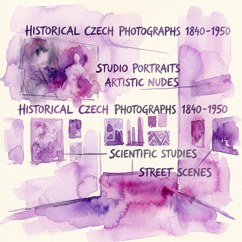 Ilustracja akwarelowa wystawy 'Historyczne czeskie fotografie 1840-1950', podkreślająca sekcje dotyczące portretów studyjnych, aktów artystycznych, badań naukowych i scen ulicznych.