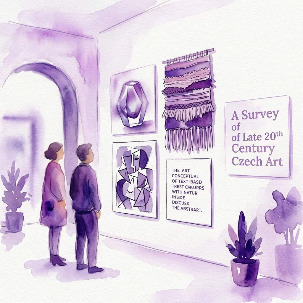 Ilustracja akwarelowa przedstawiająca zwiedzających oglądających wystawę w galerii zatytułowaną 'A Survey of Late 20th Century Czech Art', prezentującą abstrakcyjne dzieła sztuki i eksponat tekstylny.