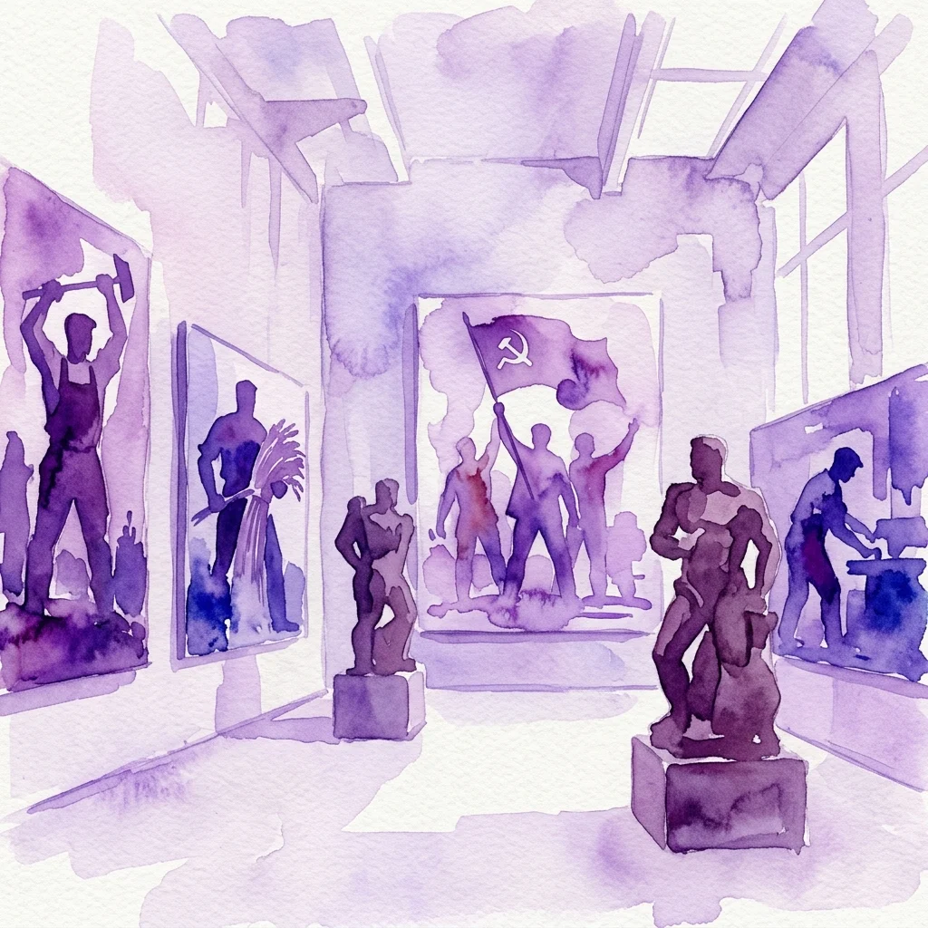 Ilustración en acuarela de una exposición en una galería que presenta obras de arte del realismo socialista, incluyendo pinturas y esculturas de trabajadores idealizados y una bandera con la hoz y el martillo, reflejando el movimiento del realismo socialista checoslovaco.
