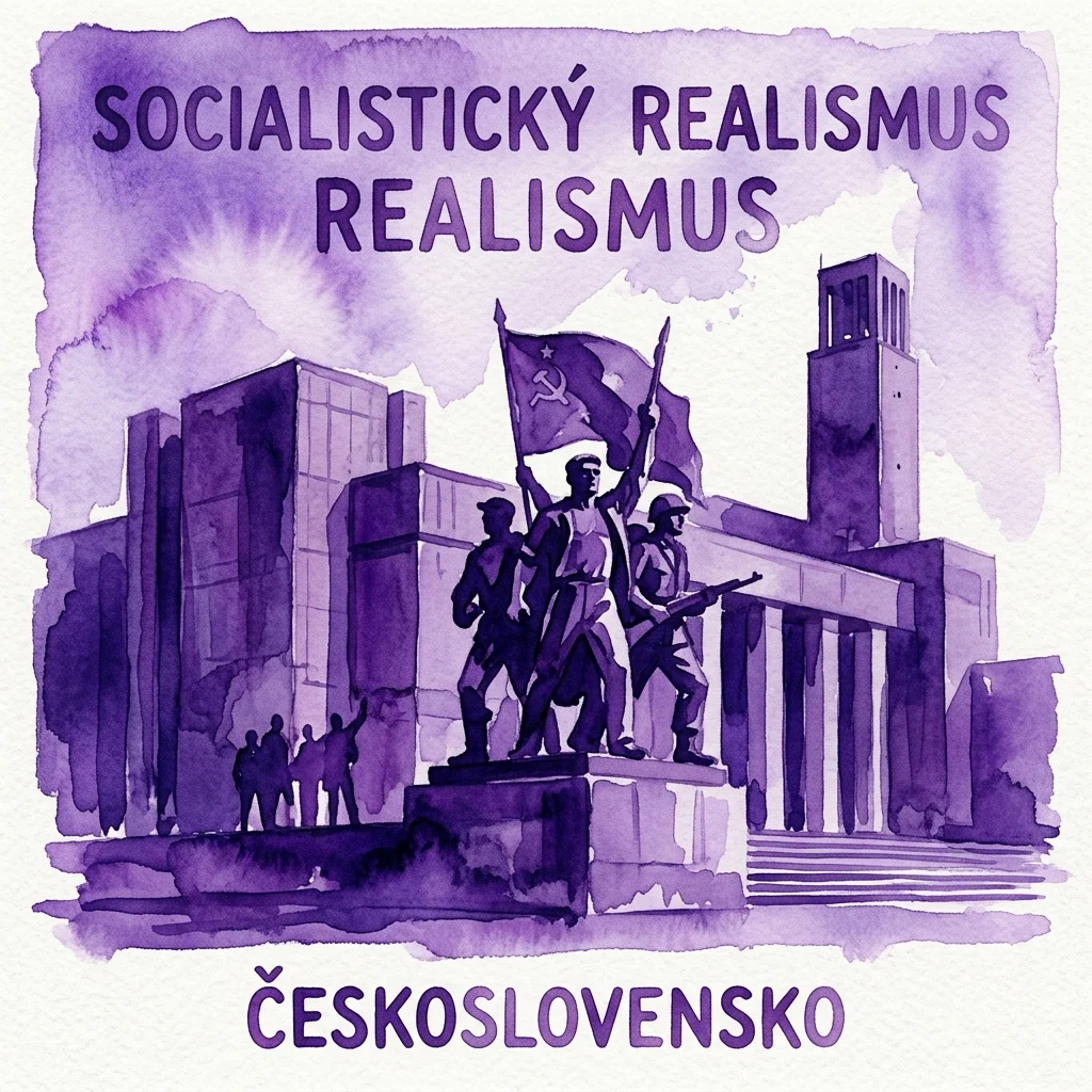 Fioletowa ilustracja akwarelowa przedstawiająca pomnik w stylu socrealizmu z postaciami trzymającymi flagę z sierpem i młotem, na tle monumentalnej architektury, z napisem 'SOCIALISTICKÝ REALISMUS REALISMUS' i 'ČESKOSLOVENSKO'.