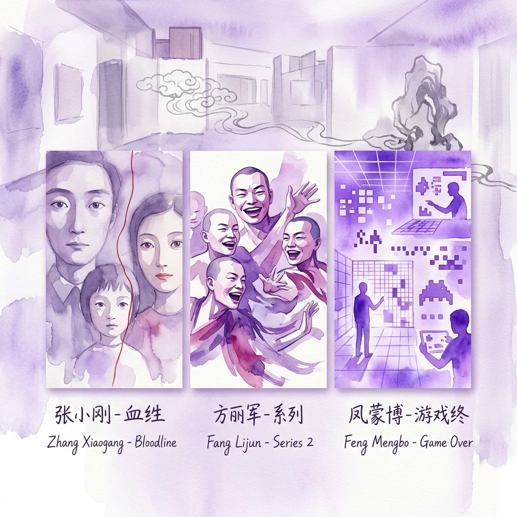 Tryptyk współczesnych chińskich obrazów autorstwa Zhang Xiaogang, Fang Lijun i Feng Mengbo, prezentujący odrębne style: introspektywne portrety, dynamiczne postacie i sztukę inspirowaną grami cyfrowymi, wystawione w galerii z tradycyjnymi chińskimi elementami.
