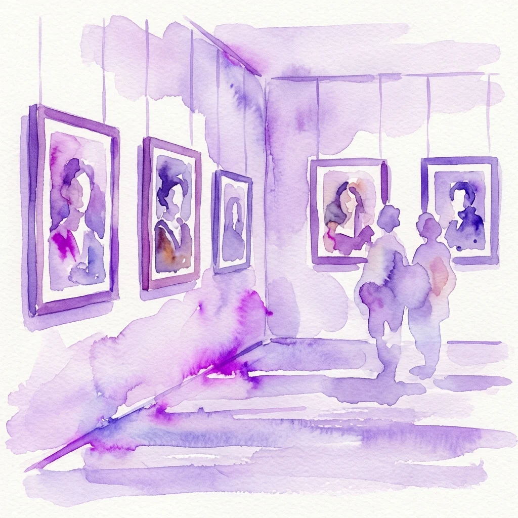 Ilustracja akwarelowa galerii z fotografiami w fioletowych barwach na ścianach, przedstawiającymi postacie w różnych wcieleniach, z odwiedzającymi przyglądającymi się dziełom sztuki.