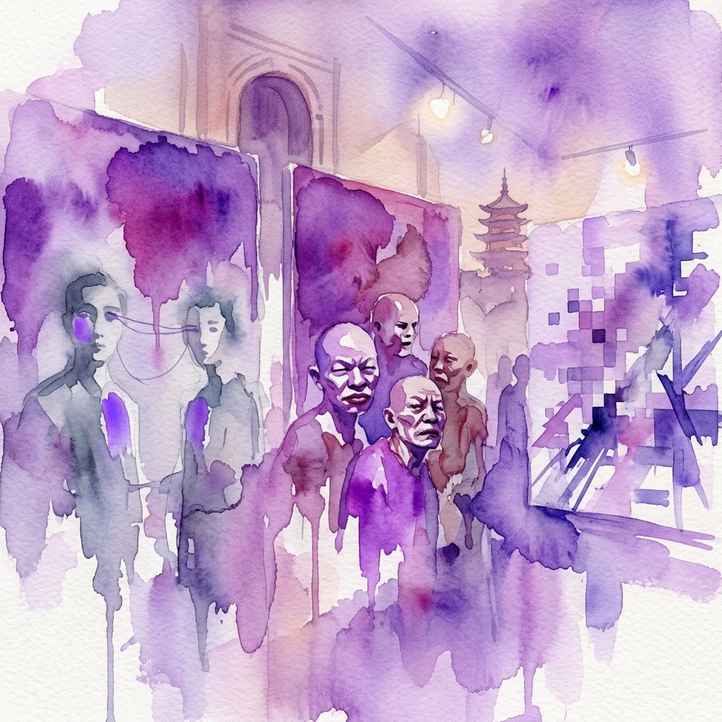 Wibrująca ilustracja akwarelowa chińskiej wystawy sztuki prezentująca wielkoformatowe obrazy Zhanga Xiaoganga, Fanga Lijuna i Fenga Mengbo, łączące tradycyjne motywy ze współczesnymi stylami w galerii.