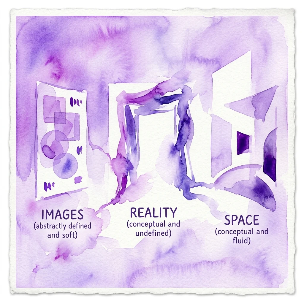 A watercolor illustration in purple hues depicting abstract shapes labeled 'IMAGES', 'REALITY', and 'SPACE', representing concepts explored in the CO-EXTENSIVE art exhibition.