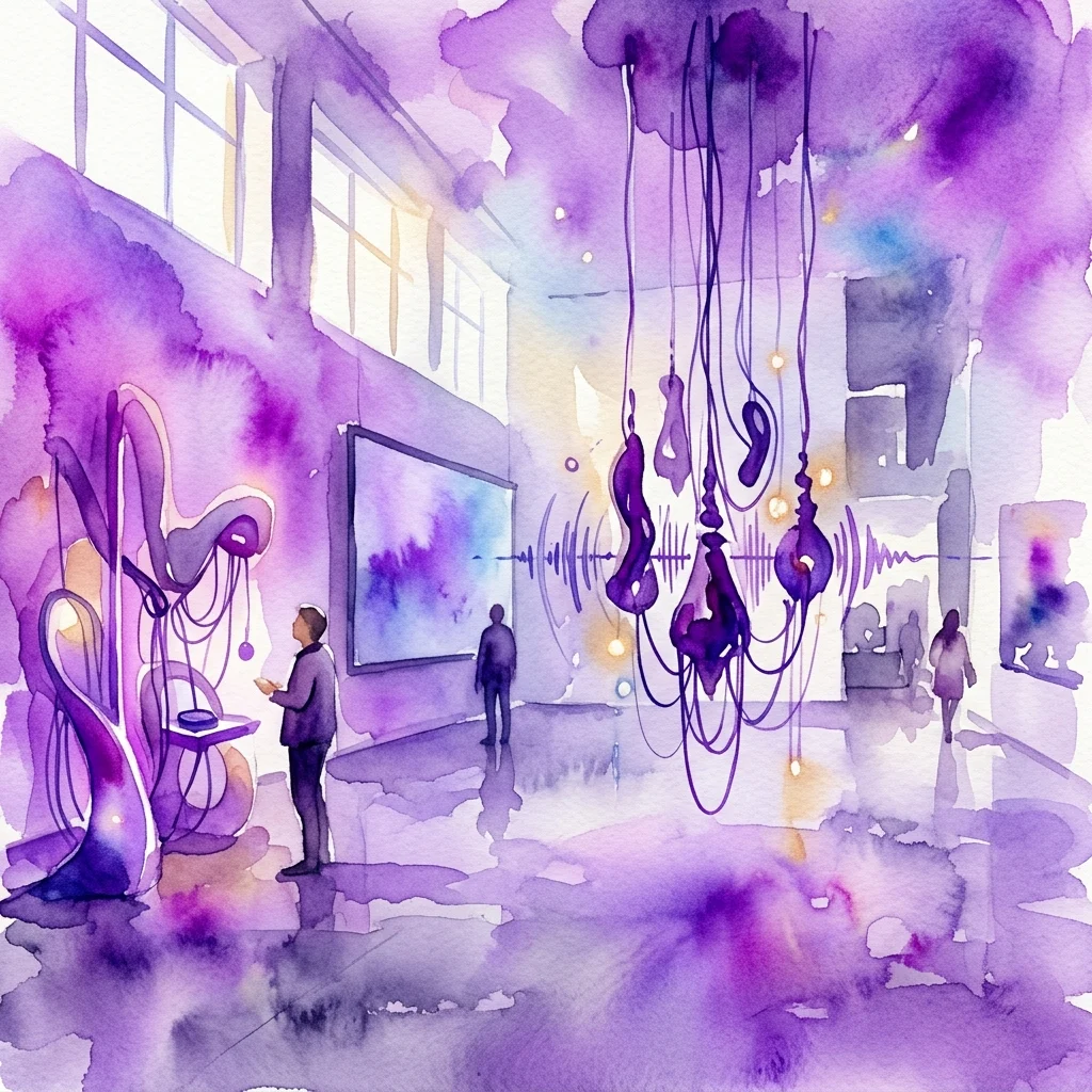Ilustracja akwarelowa wystawy w galerii sztuki przedstawiająca fioletowe instalacje abstrakcyjne, wzory fal dźwiękowych i zwiedzających oglądających współczesne dzieła sztuki.