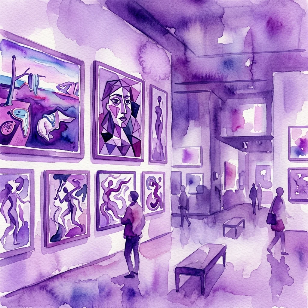 A watercolor illustration of a gallery with purple-hued walls displaying abstract and surrealist artworks, including cubist portraits and surreal landscapes, with visitors observing the pieces.