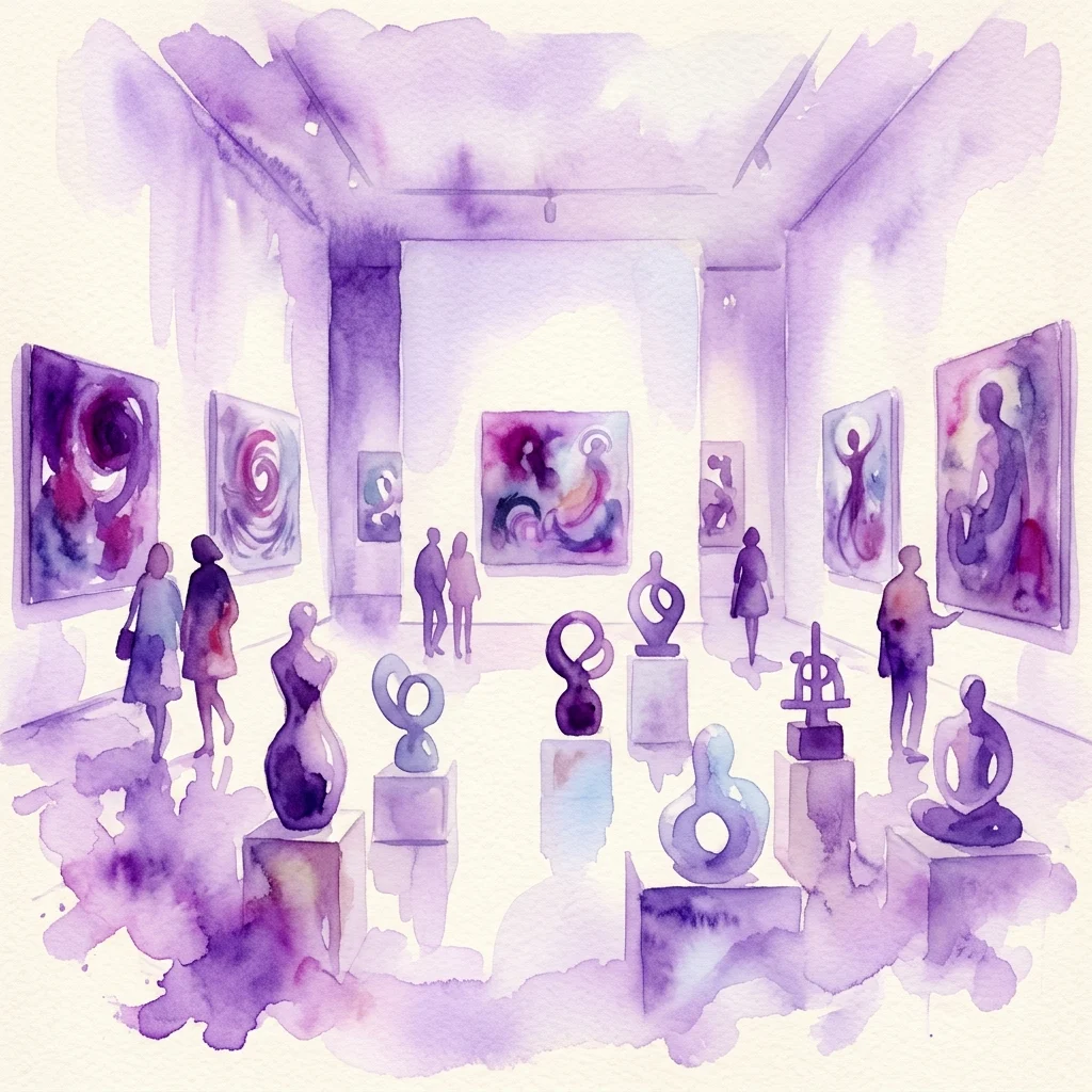 Ilustración en acuarela de una galería de arte contemporáneo con esculturas y pinturas que exploran temas de vida, muerte y amor, con visitantes observando las obras.