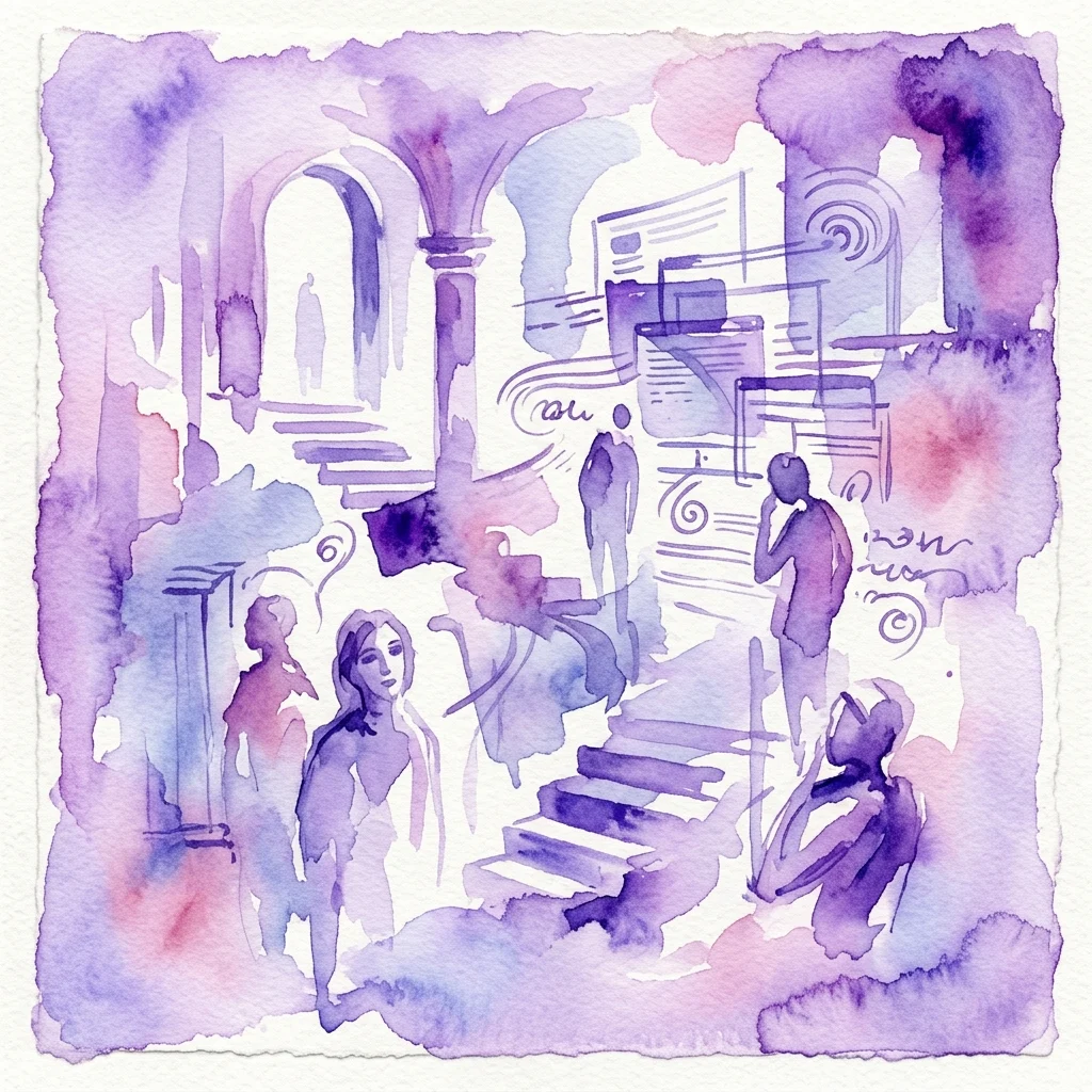 A surreal watercolor painting by Daniel Pitín featuring fragmented architectural elements and figures in a dreamlike purple and blue palette, evoking themes of information overload and illusionary reality.