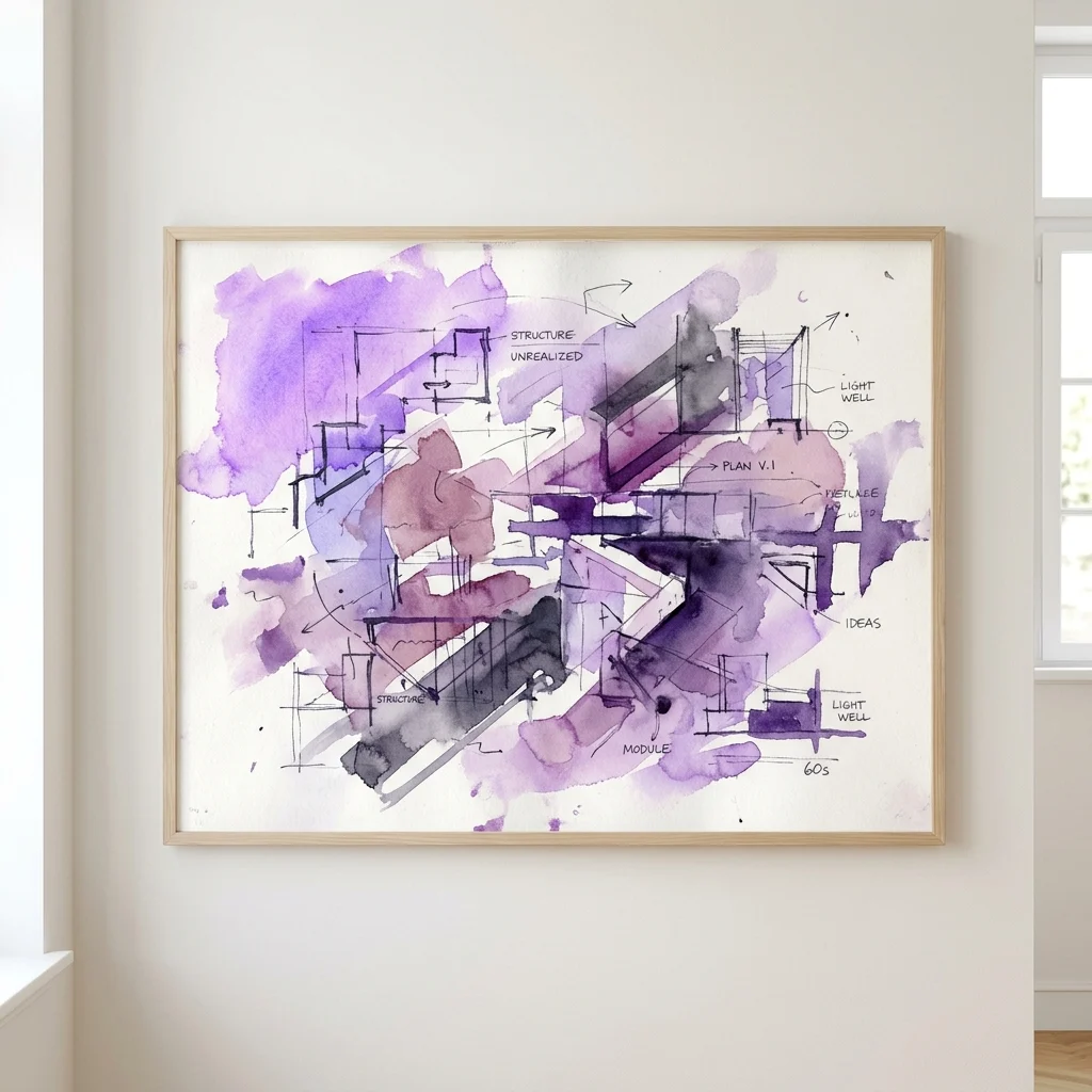 Oprawiona akwarela Davida Rabinowitcha, przedstawiająca abstrakcyjne szkice architektoniczne wykonane fioletowym i czarnym tuszem na białym papierze, wywieszona na ścianie galerii.