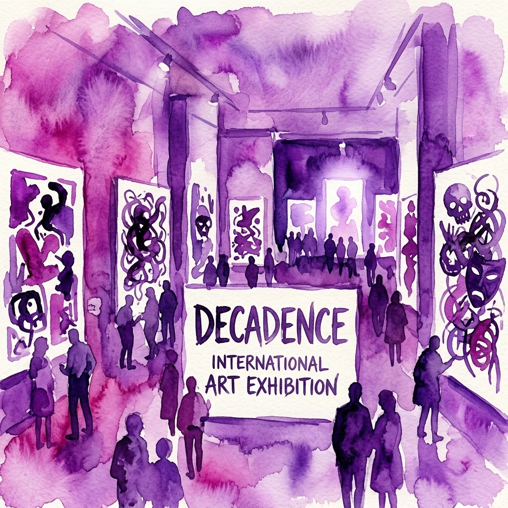 Watercolor illustration of the Decadence International Art Exhibition, featuring purple-hued gallery space with silhouetted visitors viewing provocative artworks on the walls.