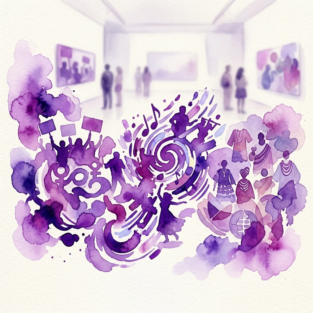 Un vibrante collage de acuarela púrpura de fotogramas de videoarte que representan activismo social, música y diversidad cultural en un entorno de galería contemporánea.