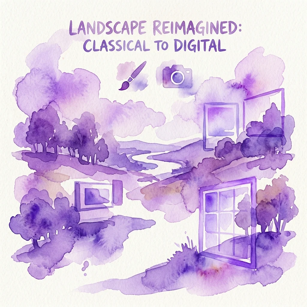 Fioletowa ilustracja akwarelowa krajobrazu z drzewami, rzeką i oprawionymi oknami, przedstawiająca pędzel i aparat fotograficzny, pod tytułem 'LANDSCAPE REIMAGINED: CLASSICAL TO DIGITAL'
