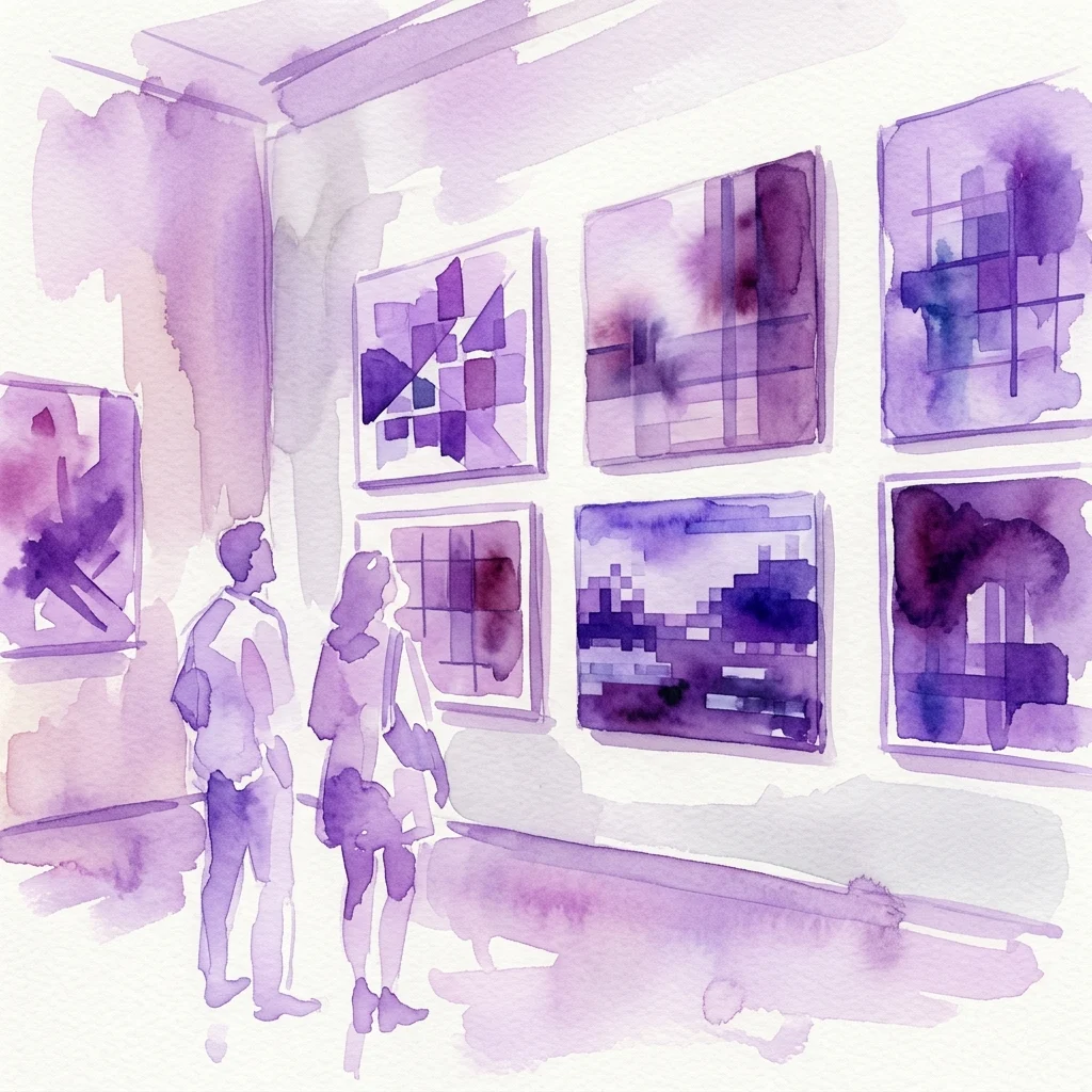 Watercolor illustration of visitors viewing abstract paintings in a gallery, part of the Eberhard Havekost 'Logik' exhibition at Galerie Rudolfinum.
