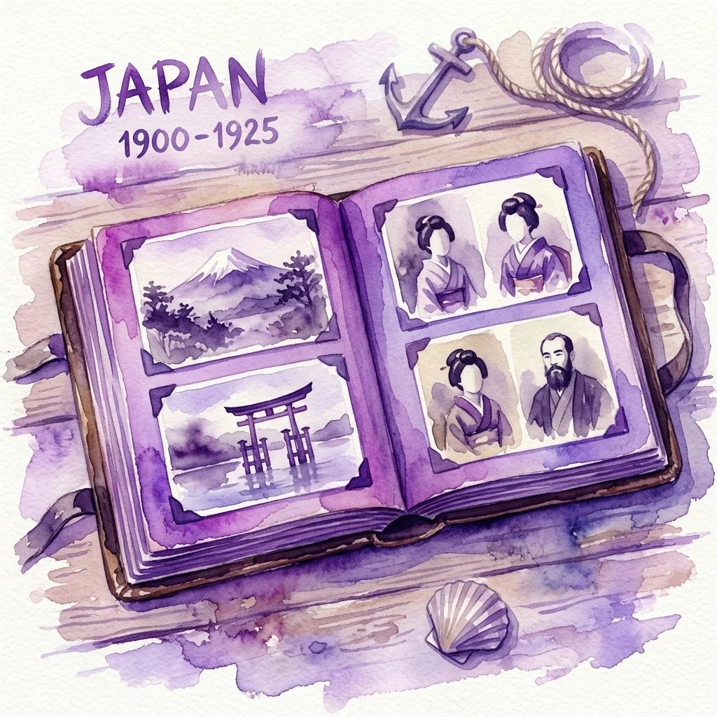Ilustracja akwarelowa otwartego albumu fotograficznego zatytułowanego 'JAPONIA 1900-1925', przedstawiająca zabytkowe zdjęcia góry Fudżi, bramy torii i tradycyjnych Japończyków, umieszczona na drewnianej powierzchni z kotwicą i muszlą.