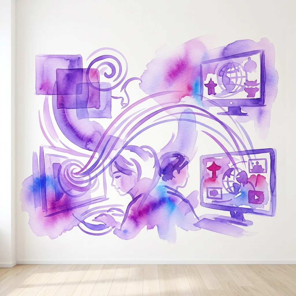 Watercolor mural depicting contemporary Asian video art and interactive installations, featuring figures using computers with global symbols, representing themes of cultural identity and cross-cultural communication in the Fast>>Forward exhibition.