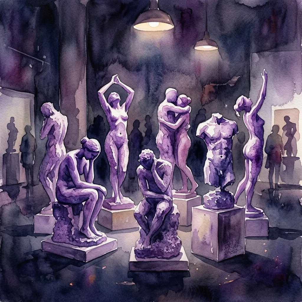 Figuratieve sculpturen in paarse tinten, tentoongesteld in een schemerige galerie, onderdeel van de FLAESH-tentoonstelling die menselijke identiteit en emotie door vrouwelijke kunstenaars onderzoekt.