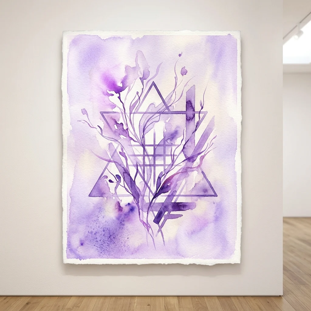 A purple watercolor artwork featuring delicate organic forms intertwined with geometric shapes, displayed in a gallery space.