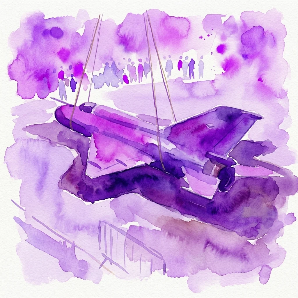 Ilustracja akwarelowa myśliwca MiG-21 z epoki sowieckiej opuszczanego do ziemi podczas ceremonialnego pogrzebu, otoczonego przez gapiów pod fioletowym niebem.