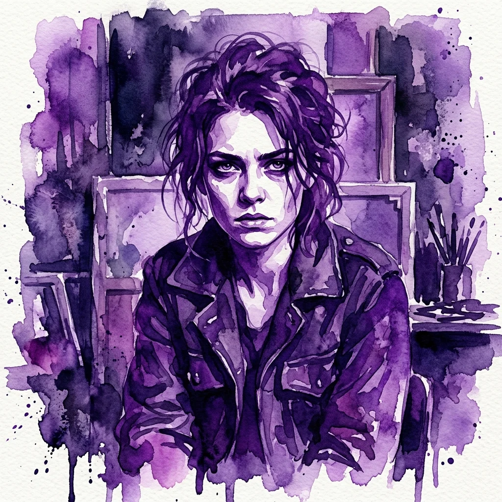 Een aquarelportret van een persoon met donker, warrig haar in een paars en zwart kleurenpalet, wat een stemmige, introspectieve sfeer oproept.