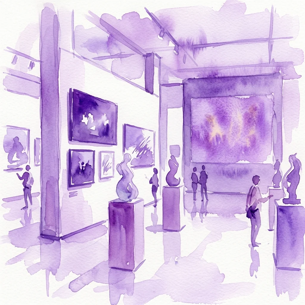 Ilustracja akwarelowa wystawy w galerii sztuki z obrazami w odcieniach fioletu, rzeźbami na postumentach i zwiedzającymi oglądającymi współczesne dzieła sztuki.