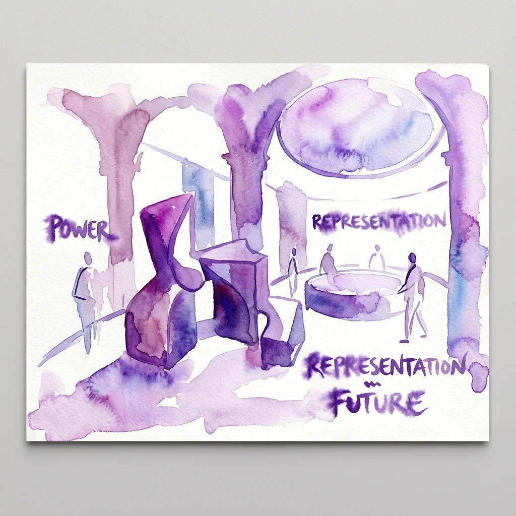 Watercolor artwork from Iván Argote's 'Radical Tenderness' exhibition, featuring abstract purple and blue forms with the words 'POWER', 'REPRESENTATION', and 'FUTURE' in a conceptual, architectural setting.