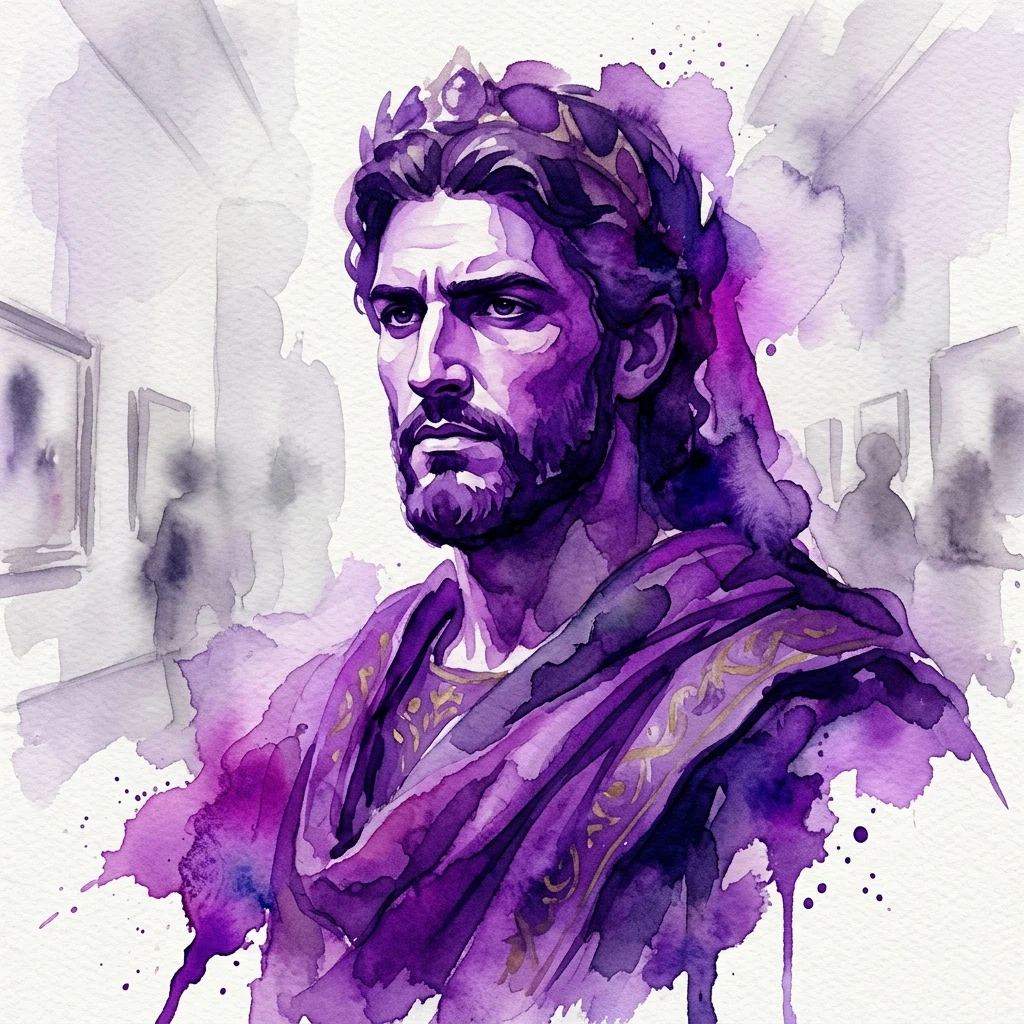 Portret brodatego mężczyzny w klasycznym stroju z koroną, wykonany w odcieniach fioletu, na tle galerii z oprawionymi dziełami sztuki.
