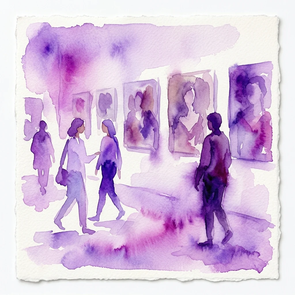 Ilustracja akwarelowa przedstawiająca zwiedzających oglądających portrety w galerii, ukazująca wystawę 'Já, bezesporu' zgłębiającą tożsamość poprzez sztukę figuratywną.