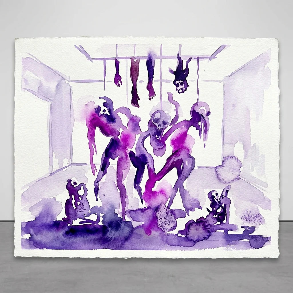 Purpurowa akwarela przedstawiająca zniekształcone, szkieleciaste postacie w surrealistycznej, makabrycznej scenie, charakterystyczna dla prowokującego stylu Jake'a i Dinosa Chapmana.