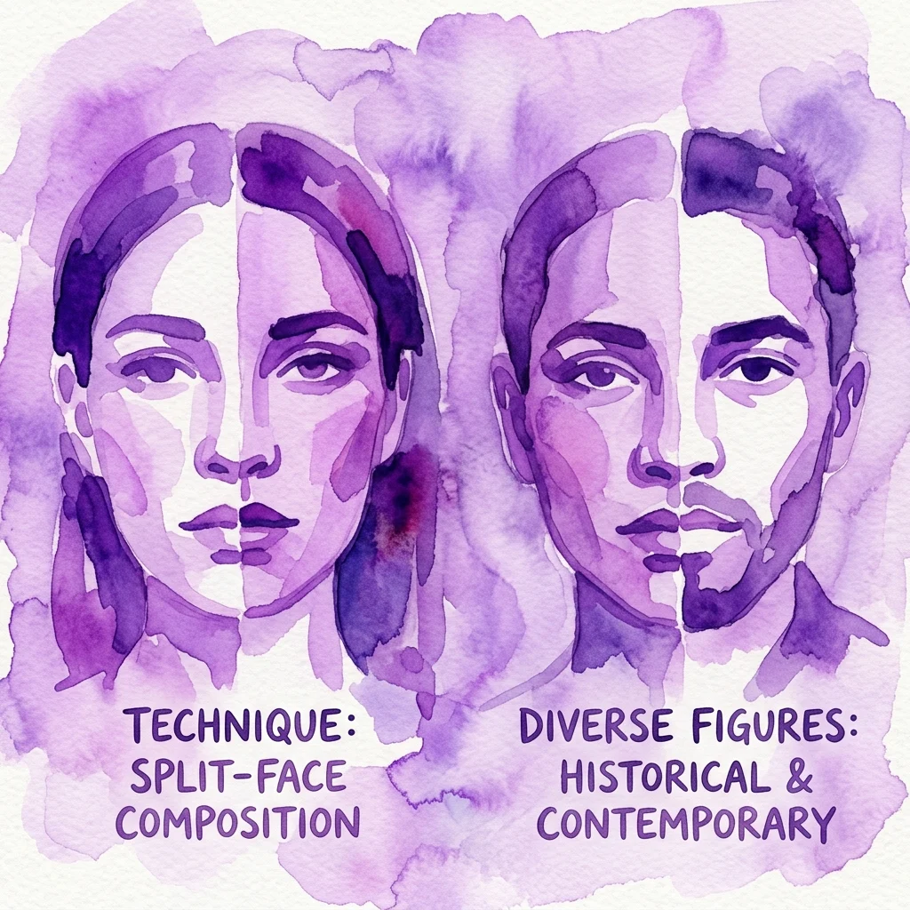Watercolor illustration of two split-face portraits in purple hues, showcasing a technique where faces are divided to create new images from historical and contemporary figures.
