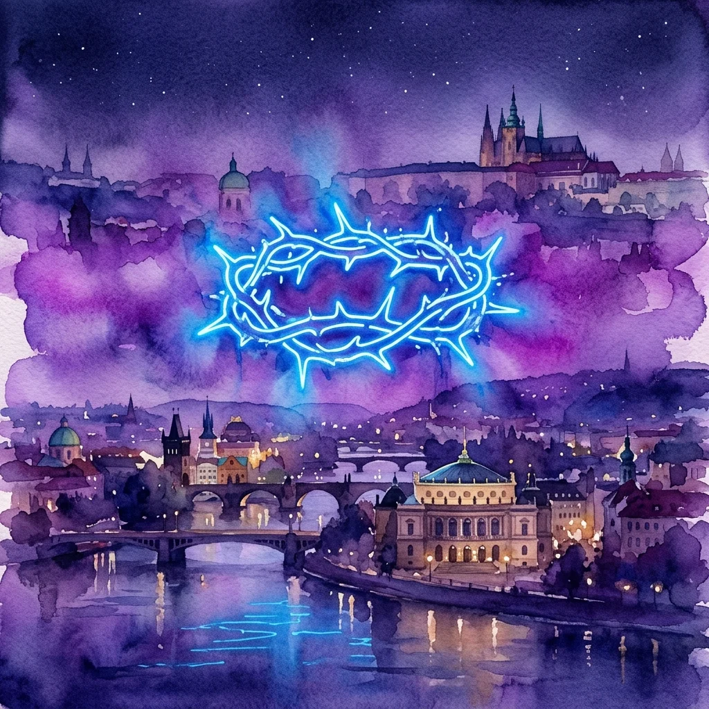 Una escultura de corona de espinas de neón azul brillante contra un cielo nocturno púrpura sobre Praga, con el edificio Rudolfinum visible abajo, parte de la exposición de Jiří David.