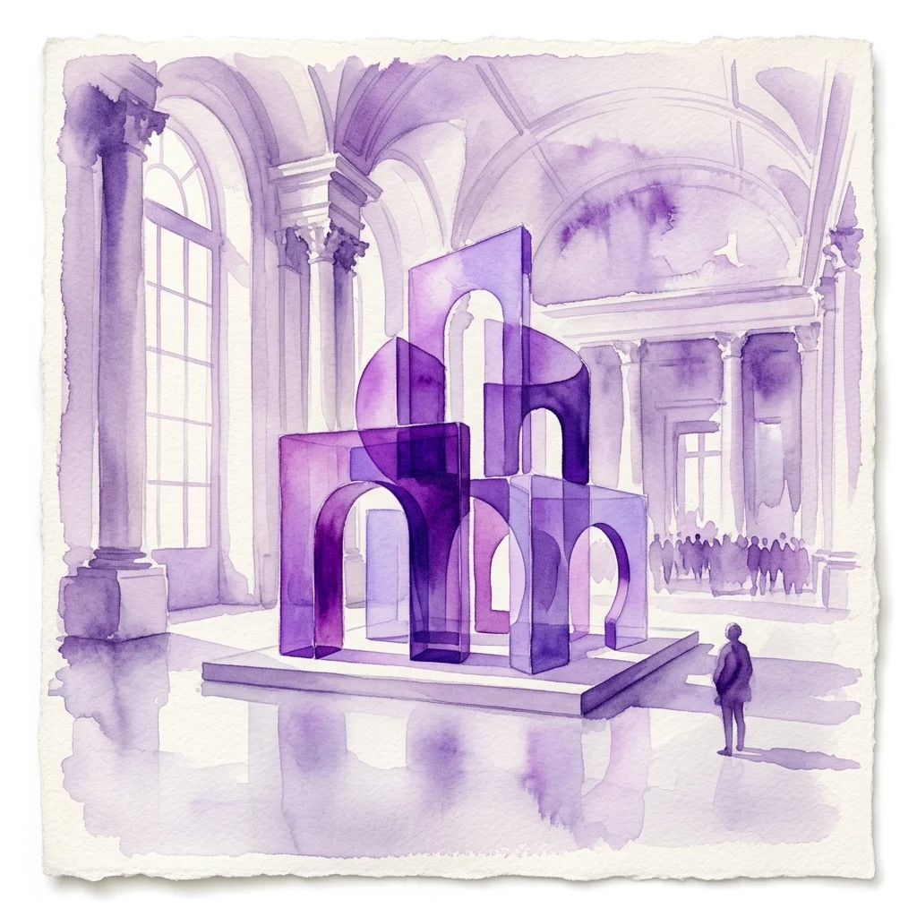 Waterverfillustratie van Jiří Příhoda's abstracte sculpturale installatie in een statige galerij, met geometrische vormen in paarse tinten, en een peinzend figuur die het kunstwerk observeert.