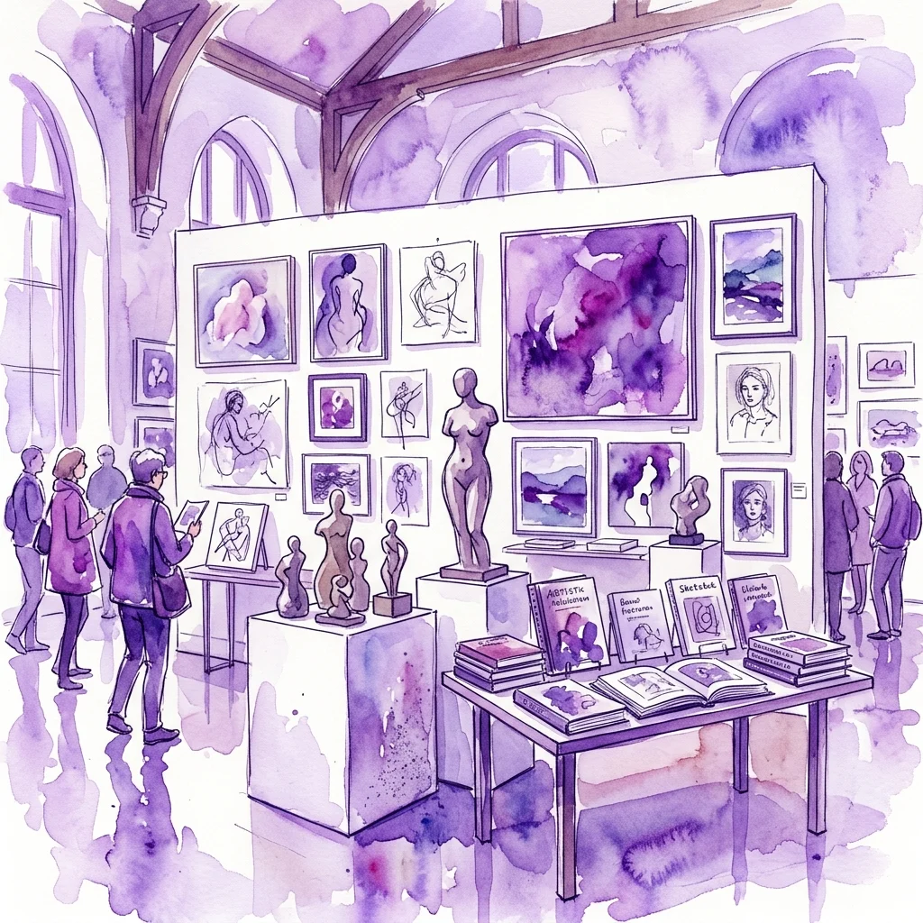 Een aquarelillustratie van een galerie-expositie met schilderijen, sculpturen en boeken van Josef Váchal, die zijn diverse artistieke output toont in een paars getinte ruimte.