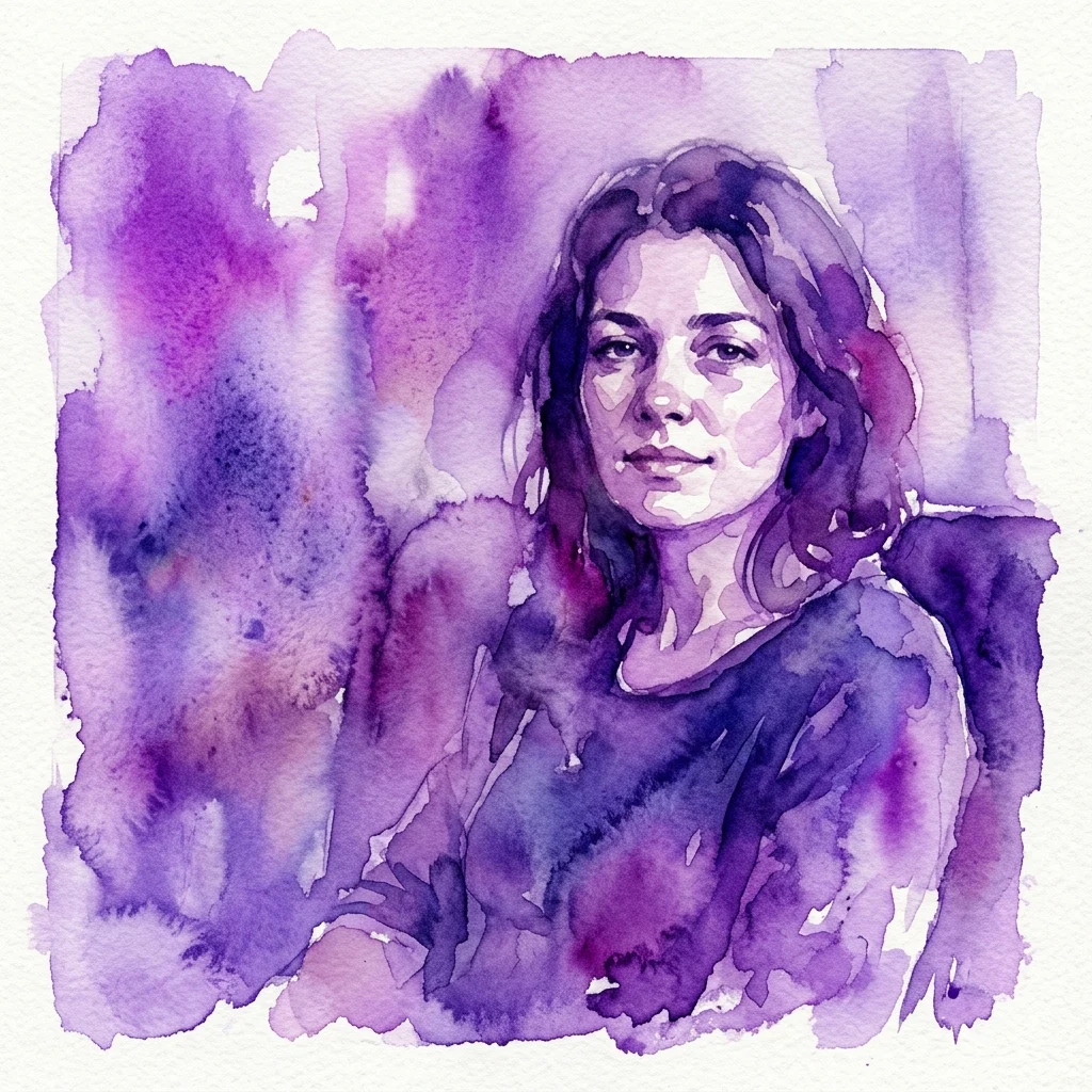 Akwelportret kobiety z falującymi włosami, wykonany w ekspresyjnych odcieniach fioletu i lawendy na teksturowanym papierze.