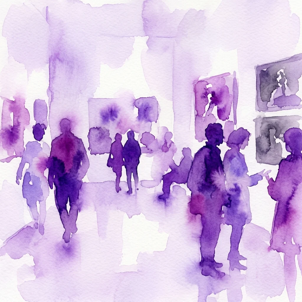 Ilustracja akwarelowa przedstawiająca zwiedzających galerię oglądających dzieła sztuki, utrzymana w odcieniach fioletu i bieli, przywołująca atmosferę wystawy.