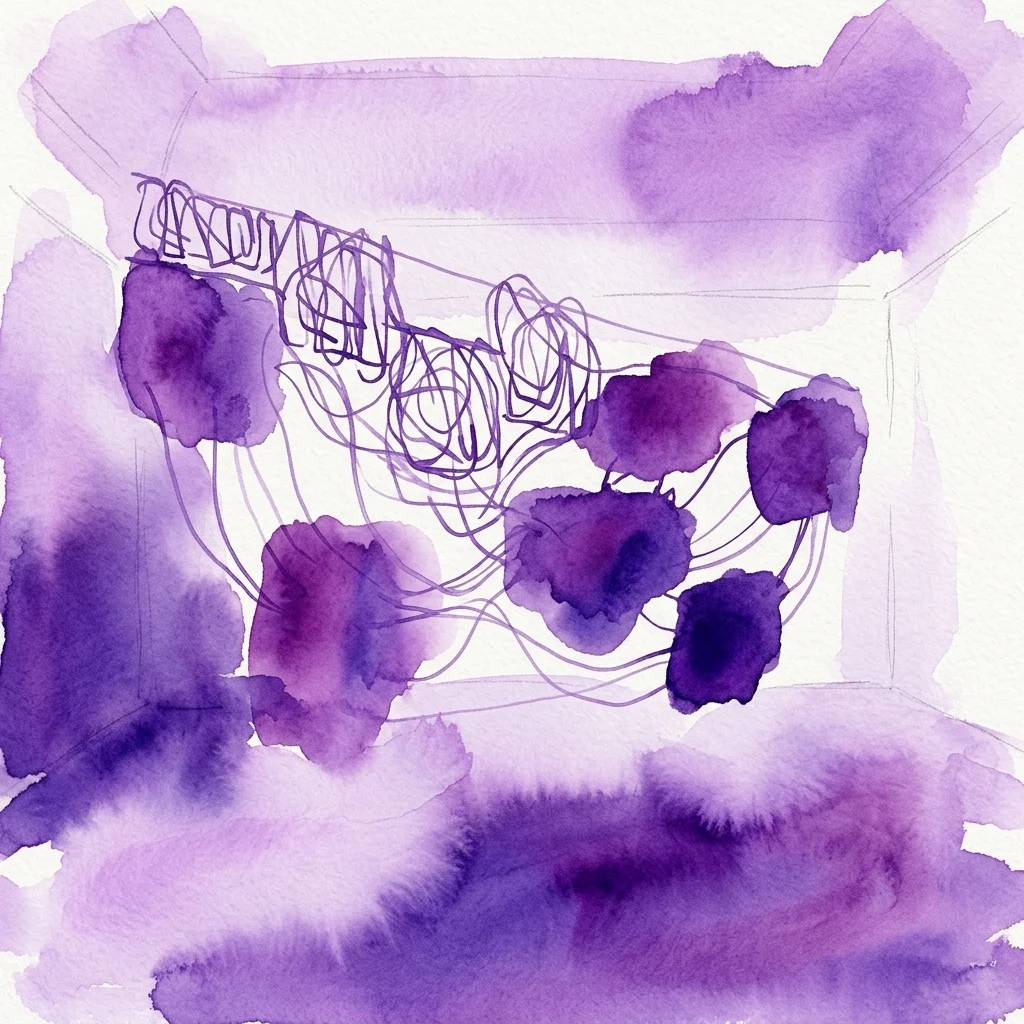 Abstract art installation by Kateřina Vincourová featuring purple watercolor washes and wire sculptures, part of her 'Skin Care' exhibition exploring psychological landscapes and societal structures.