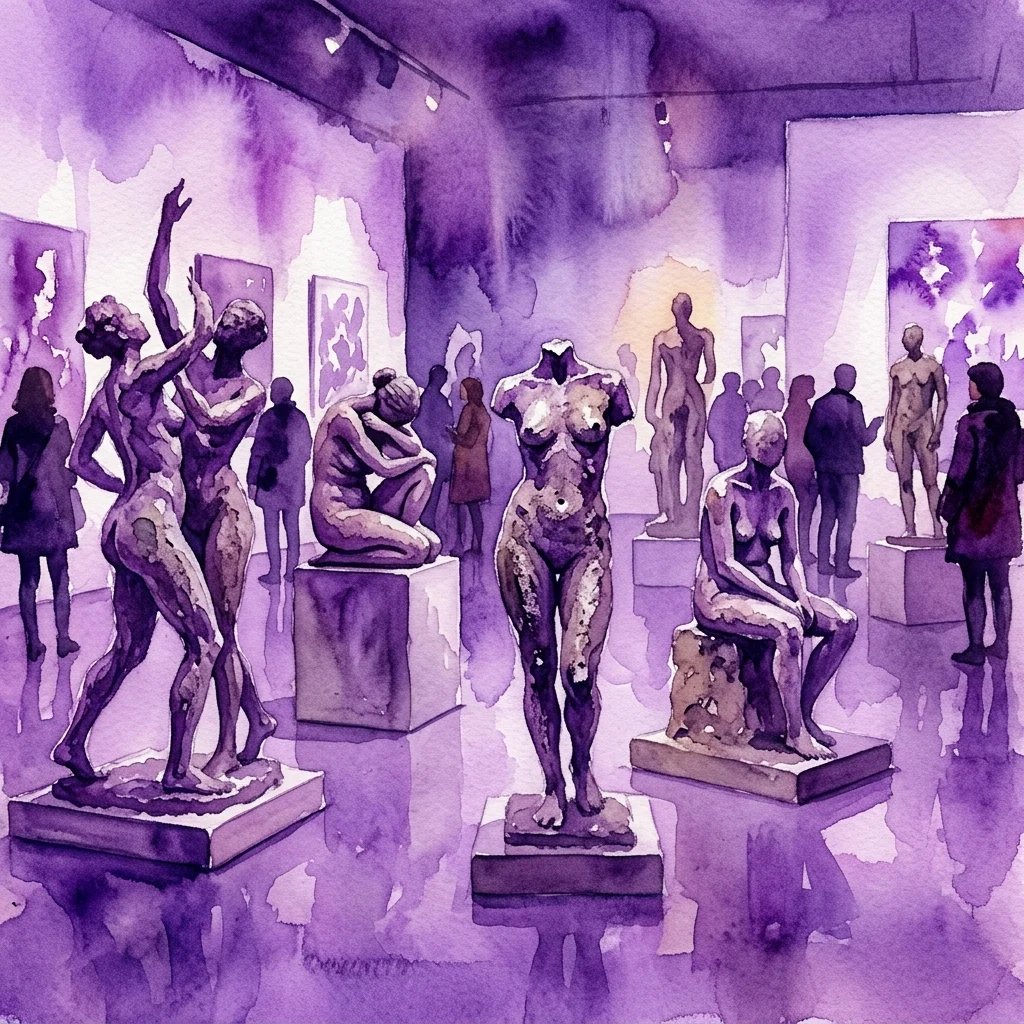 Watercolor illustration of a contemporary art exhibition featuring figurative sculptures of the human body by Kiki Smith, displayed in a gallery with purple lighting and visitors observing the works.