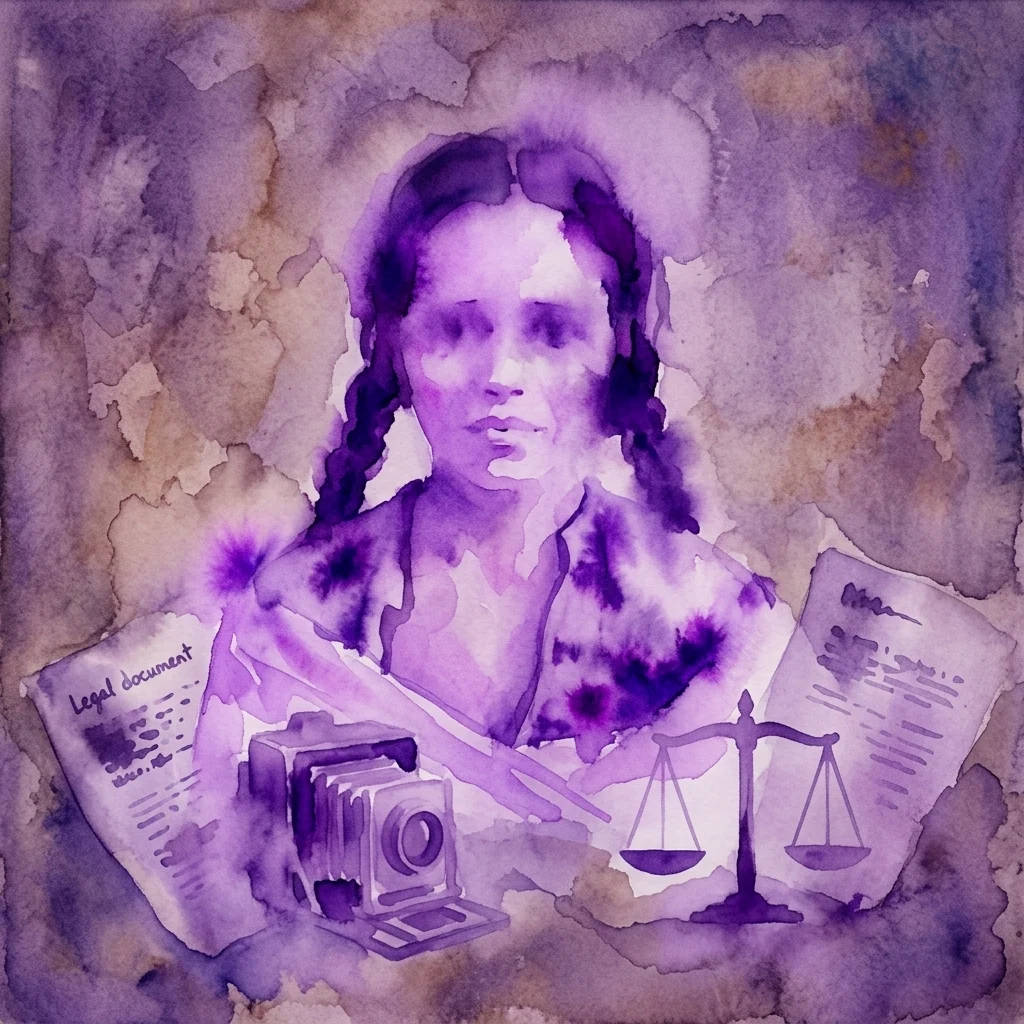 Een aquarelillustratie in paarse tinten die een vrouw met gevlochten haar afbeeldt, omringd door een vintage camera, juridische documenten en een weegschaal van justitie, die de juridische en ethische geschiedenis van fotografie symboliseert.