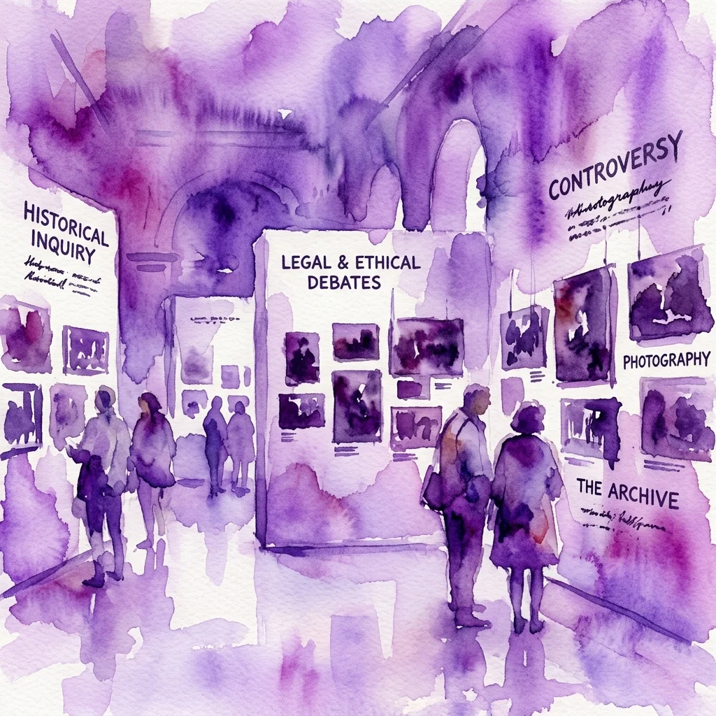 Ilustracja akwarelowa galerii wystawowej z odwiedzającymi oglądającymi fotografie pod napisami 'HISTORICAL INQUIRY', 'LEGAL & ETHICAL DEBATES' i 'CONTROVERSY in photography'.