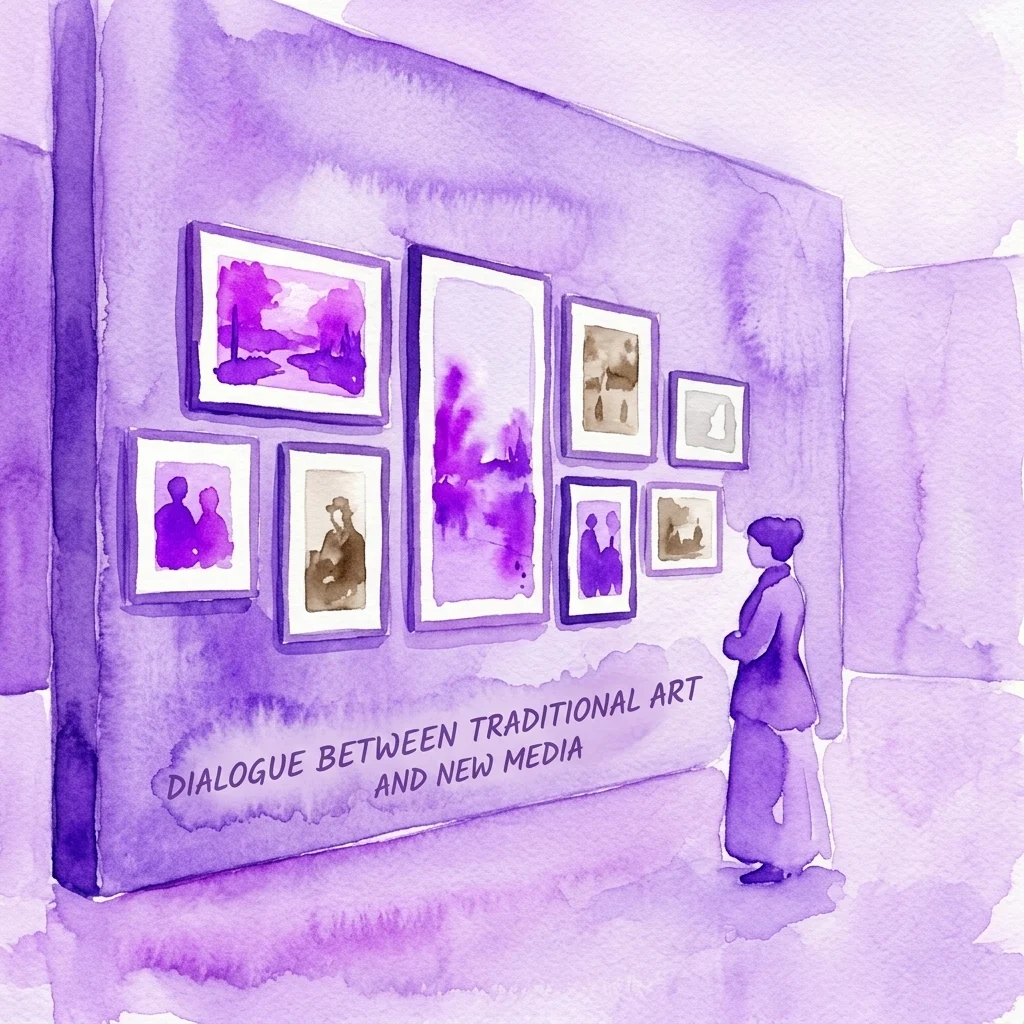 A watercolor illustration of a gallery wall displaying landscape paintings and early photographs, with a visitor observing the art. The text 'DIALOGUE BETWEEN TRADITIONAL ART AND NEW MEDIA' is visible, reflecting the exhibition's theme.