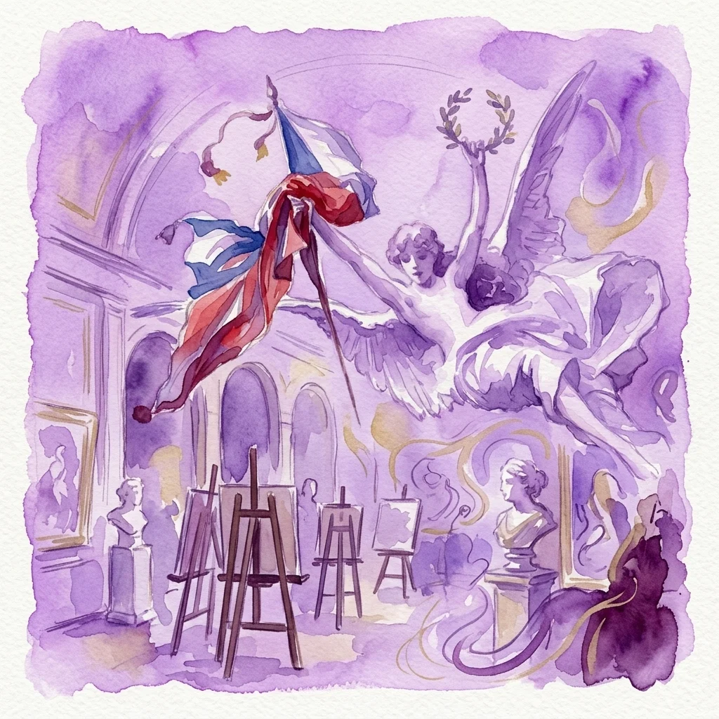 Waterverfillustratie van een galerie-interieur met engelachtige figuren die een Franse vlag vasthouden, kunstenaarsezels en klassieke sculpturen, die de tentoonstelling 'Křídla slávy' over de culturele banden tussen Frankrijk en Centraal-Europa vertegenwoordigen.