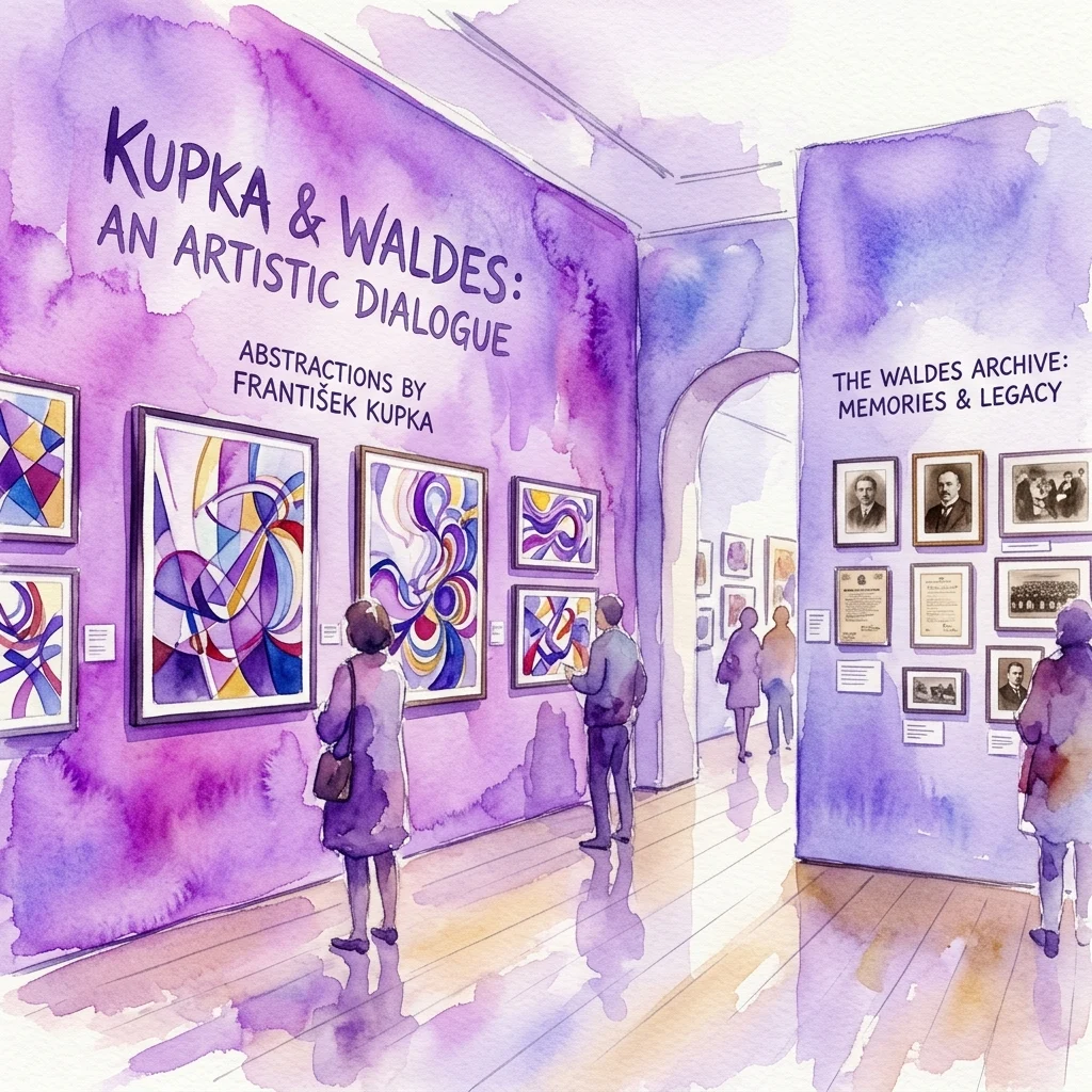 Ilustracja akwarelowa wystawy w galerii sztuki zatytułowanej 'Kupka i Waldes: Dialog artystyczny', przedstawiająca abstrakcyjne obrazy Františka Kupki i archiwalne fotografie z Archiwum Waldesa, z odwiedzającymi oglądającymi dzieła sztuki.