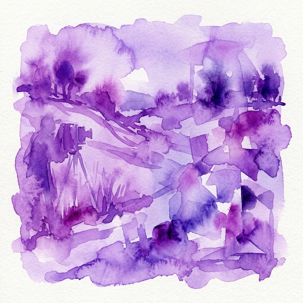 Pintura abstracta de acuarela púrpura que representa un paisaje con un fotógrafo y una cámara en un trípode, evocando la interacción entre la fotografía y la pintura en el arte del siglo XIX.