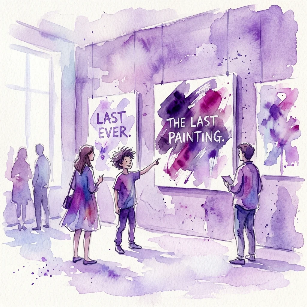 Ilustracja zwiedzających oglądających współczesną sztukę w galerii, przedstawiająca duży obraz zatytułowany 'THE LAST PAINTING' z odważnym tekstem i abstrakcyjnymi fioletowo-różowymi pociągnięciami pędzla.