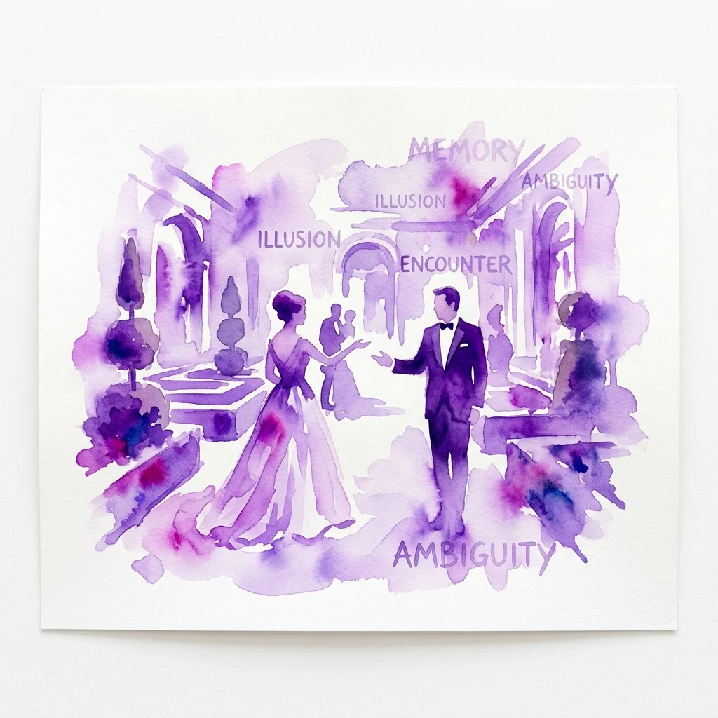 Een aquarel die een man en vrouw in formele kleding afbeeldt in een mysterieuze, paars getinte tuinomgeving, met woorden als 'herinnering', 'illusie' en 'ambiguïteit' eroverheen, verwijzend naar de film 'L'année dernière à Marienbad' en de thema's ervan.