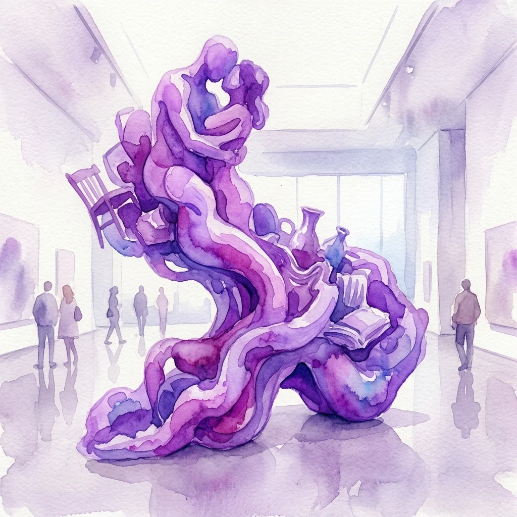 A large purple abstract sculpture by Louise Bourgeois in a gallery, featuring intertwined human-like forms, a chair, and books, representing themes of memory and domesticity.