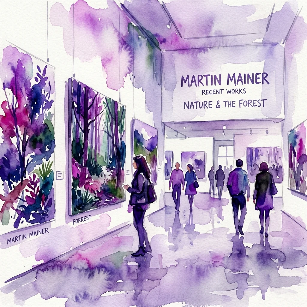 Watercolor illustration of an art gallery exhibition featuring Martin Mainer's recent works on nature and the forest, with visitors viewing paintings in a purple-hued space.