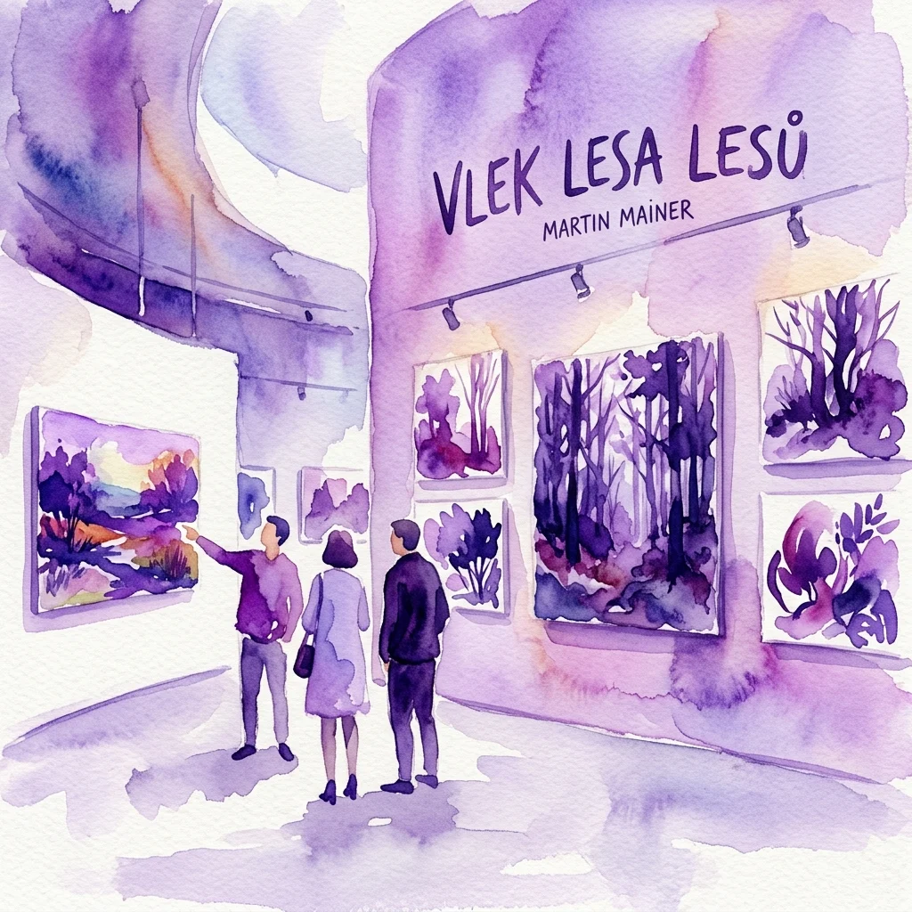 Ilustracja akwarelowa wystawy w galerii sztuki pod tytułem 'Vlek lesa lesů' autorstwa Martina Mainera, przedstawiająca zwiedzających oglądających obrazy lasu w odcieniach fioletu na białych ścianach.