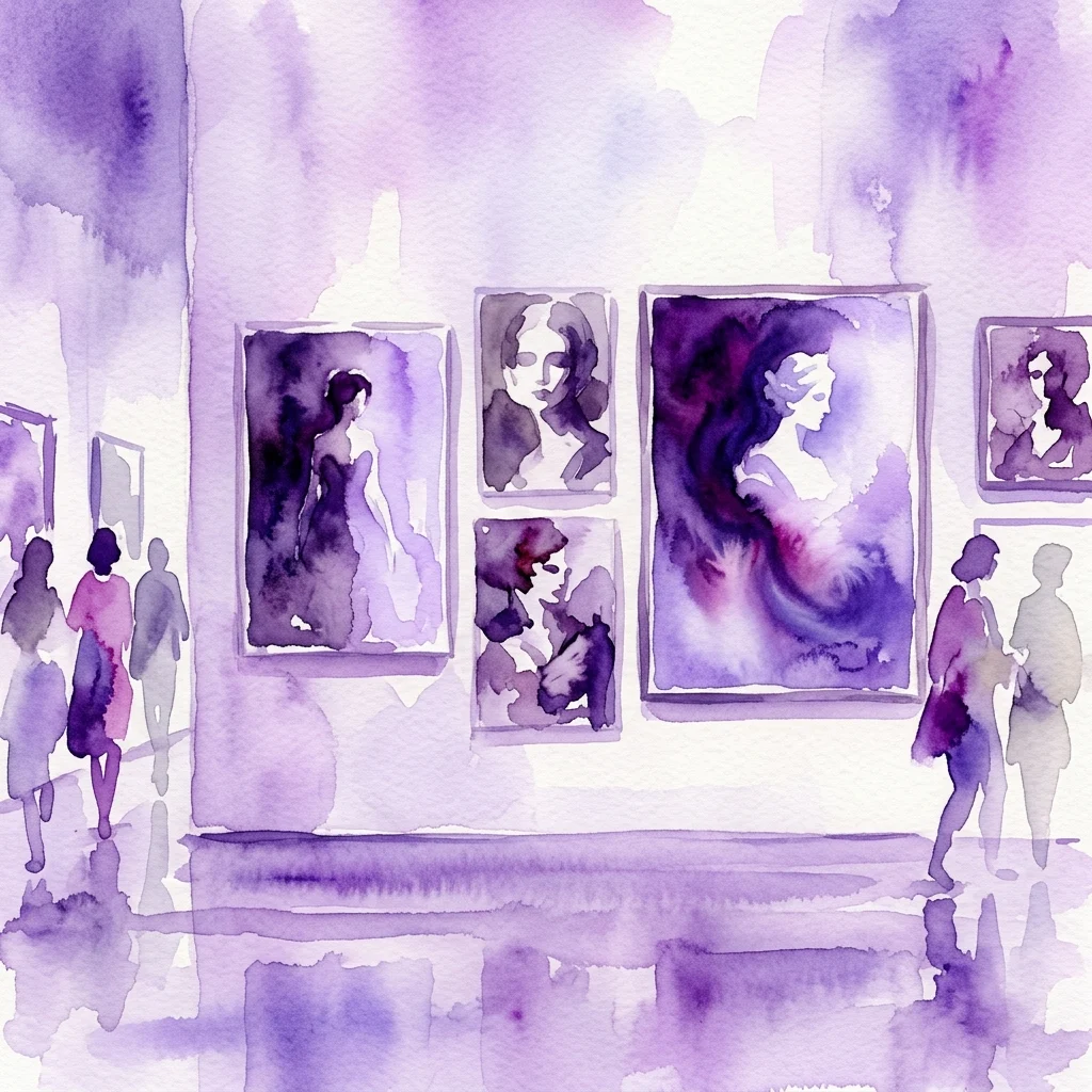 Waterverfillustratie van een kunstgalerie met bezoekers die ingelijste kunstwerken bekijken tegen paars getinte muren, wat een contemplatieve sfeer oproept.