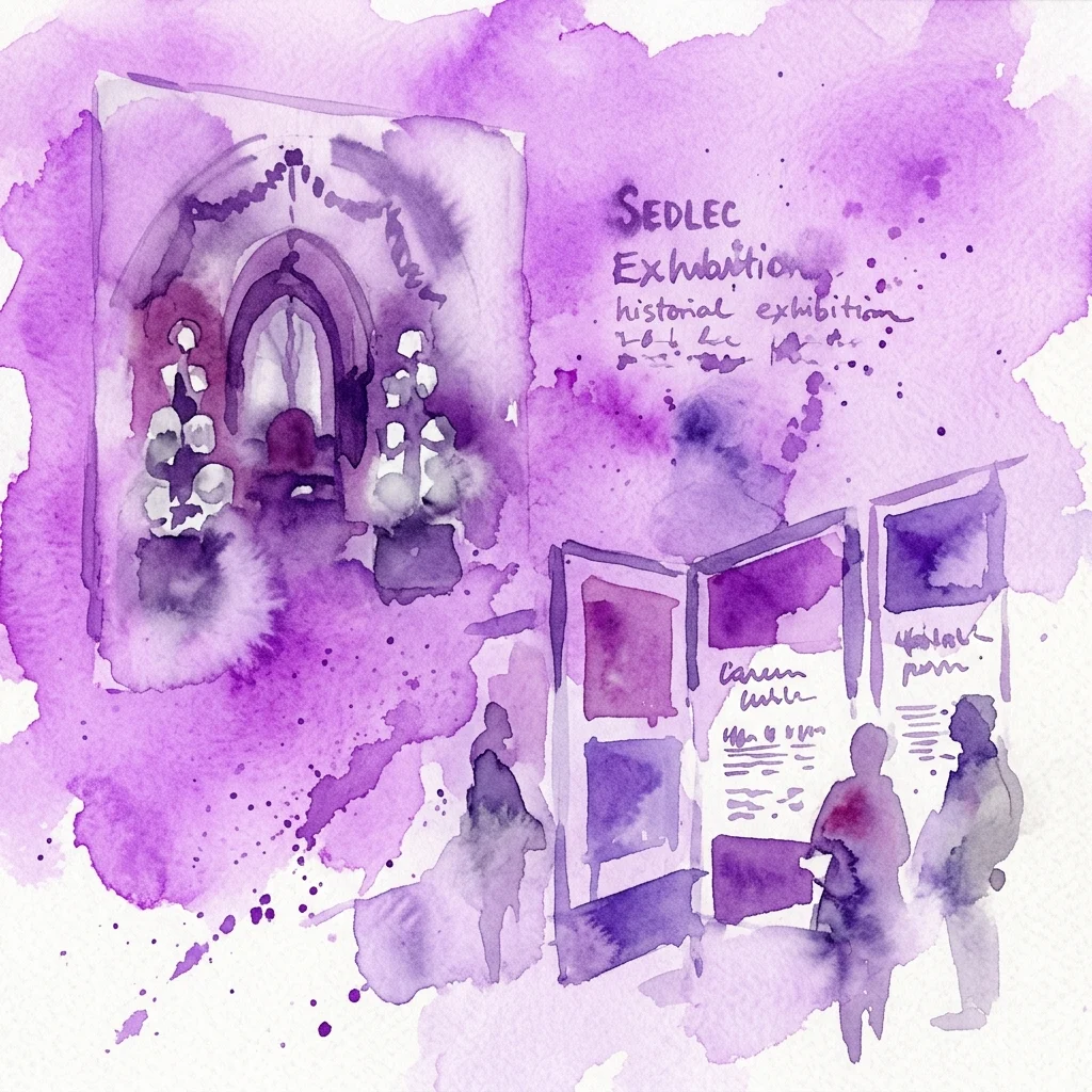 Ilustracja akwarelowa wystawy Kostnicy w Sedlcu, przedstawiająca gotycki łuk z aranżacjami kości i sylwetkami zwiedzających w artystycznym stylu w odcieniach fioletu.