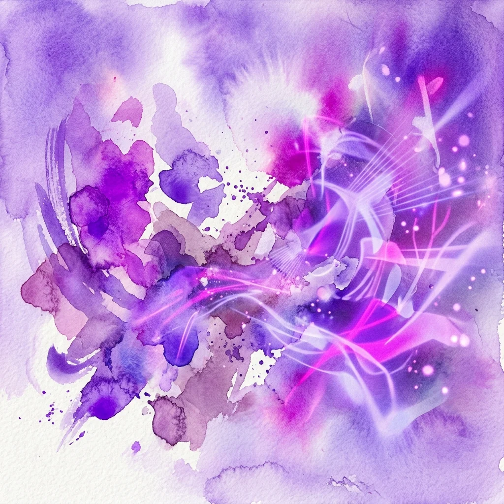 Obra de arte abstracta en acuarela con tonos púrpuras y rosas, que presenta vetas de luz dinámicas y proyecciones digitales, representando la interacción entre la pintura tradicional y los nuevos medios en la exposición MEZIPAMĚŤ.